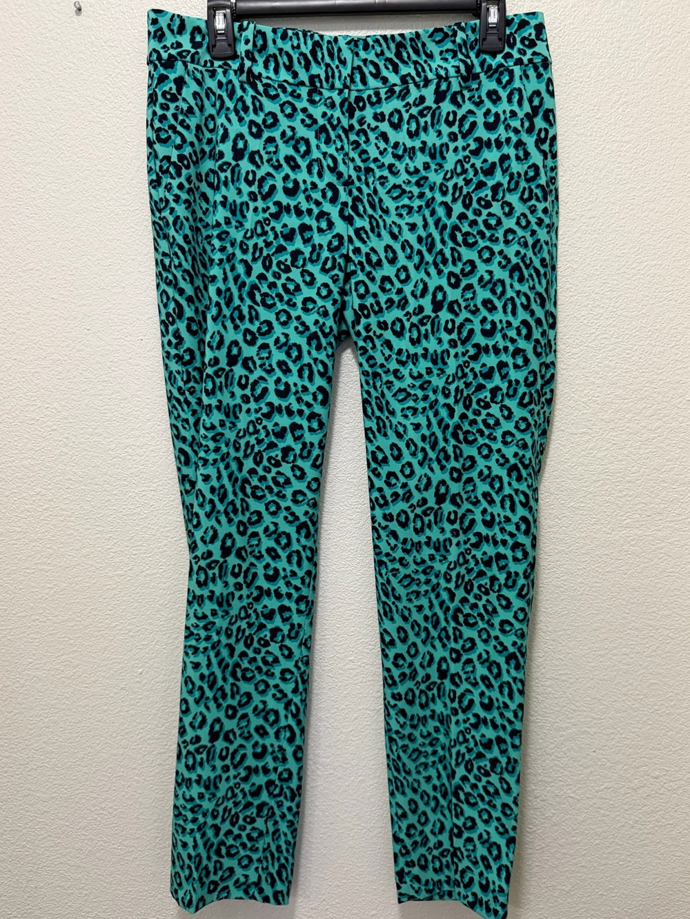 Ann Taylor green and black leopard print straight leg pants, size 4
